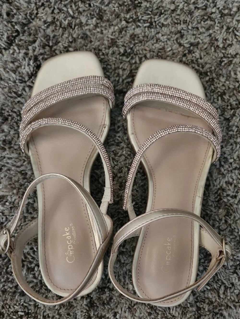 Girls Open-Toe Strappy Sandal in Champagne with Blinged Straps